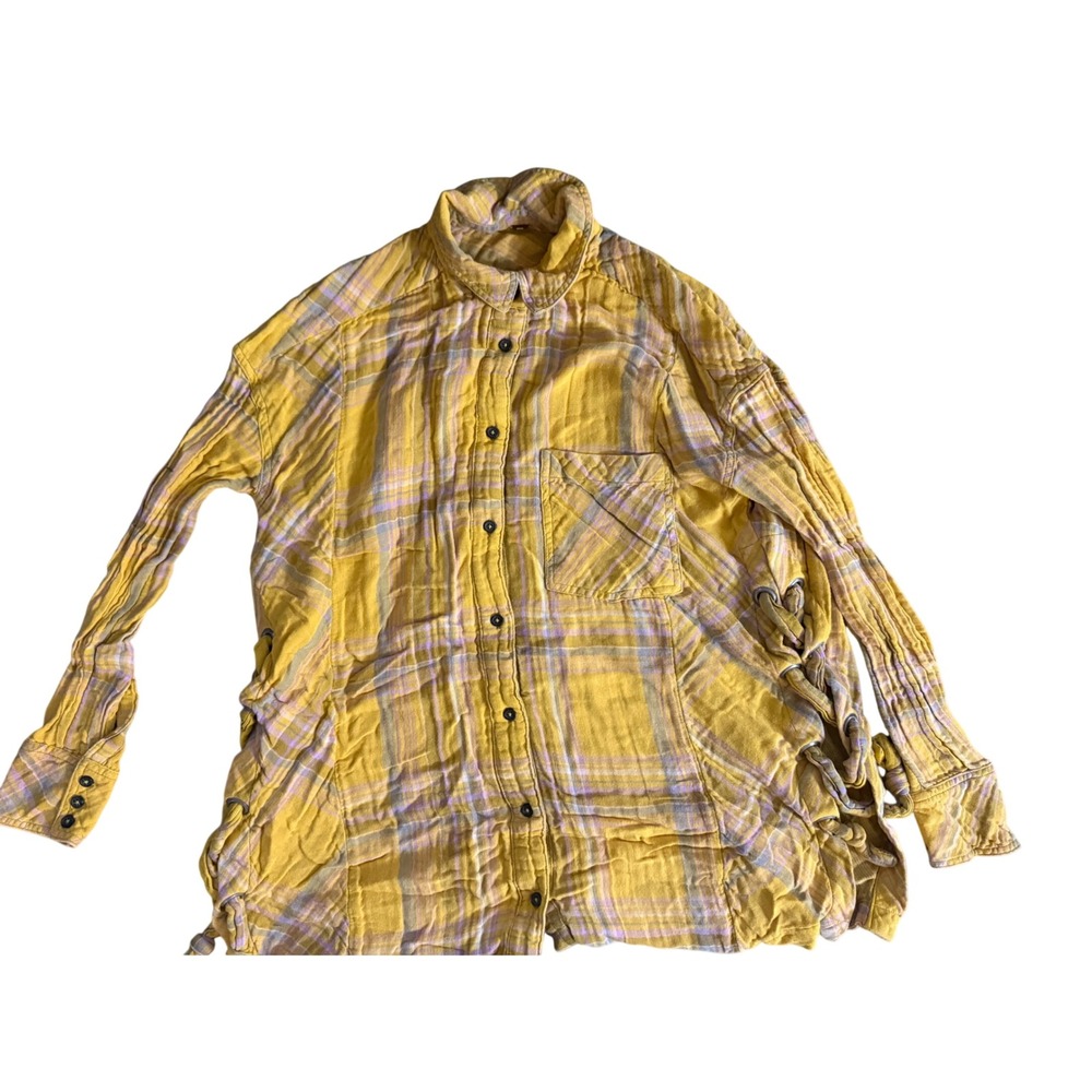 Free People Yellow Plaid Lace Up Side Button Down Shirt Gauze Oversized Top